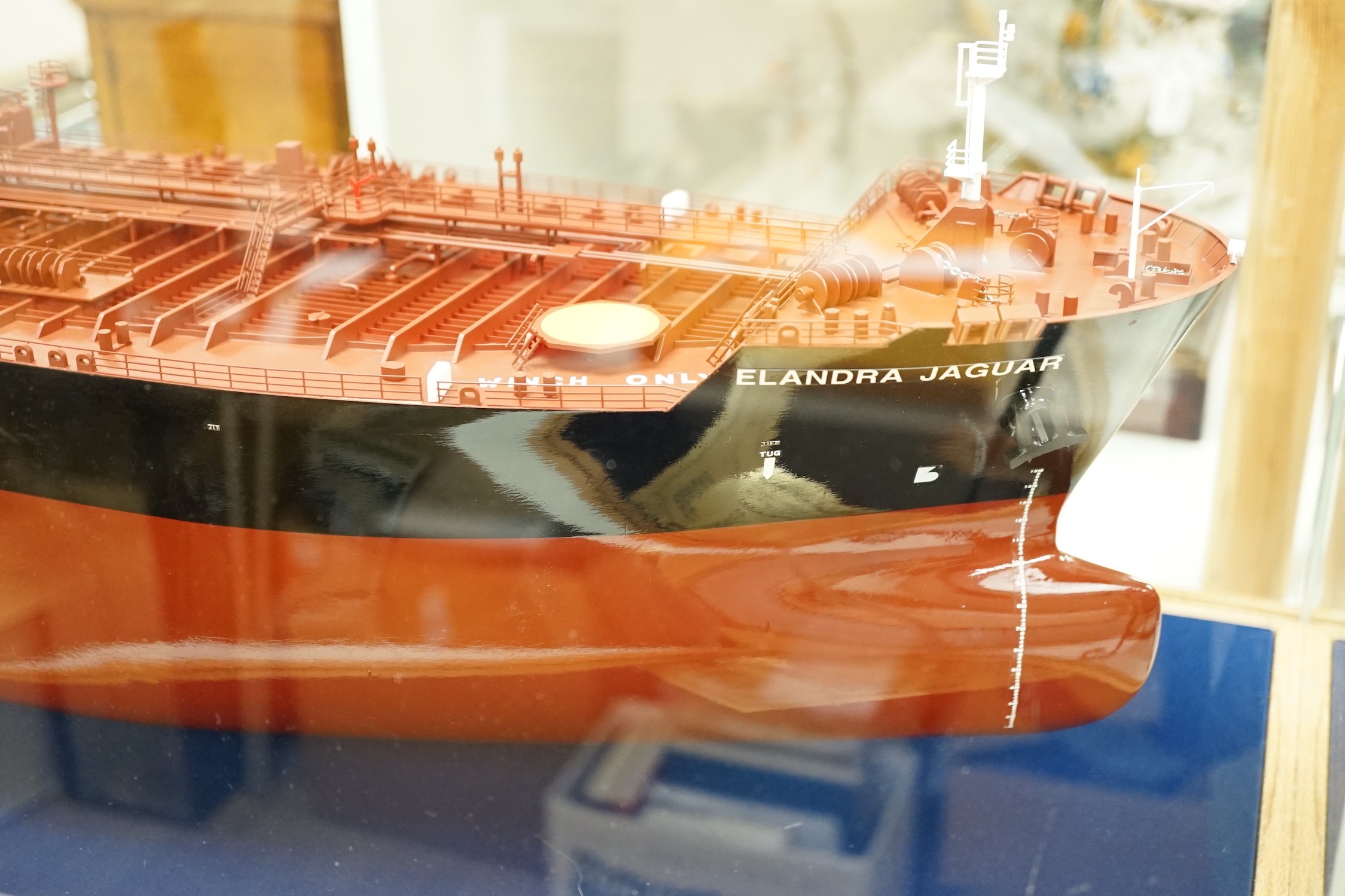 A large cased ship builder's model of the Elandra Jaguar by The Shipbuilding Co. Ltd. 137cm wide